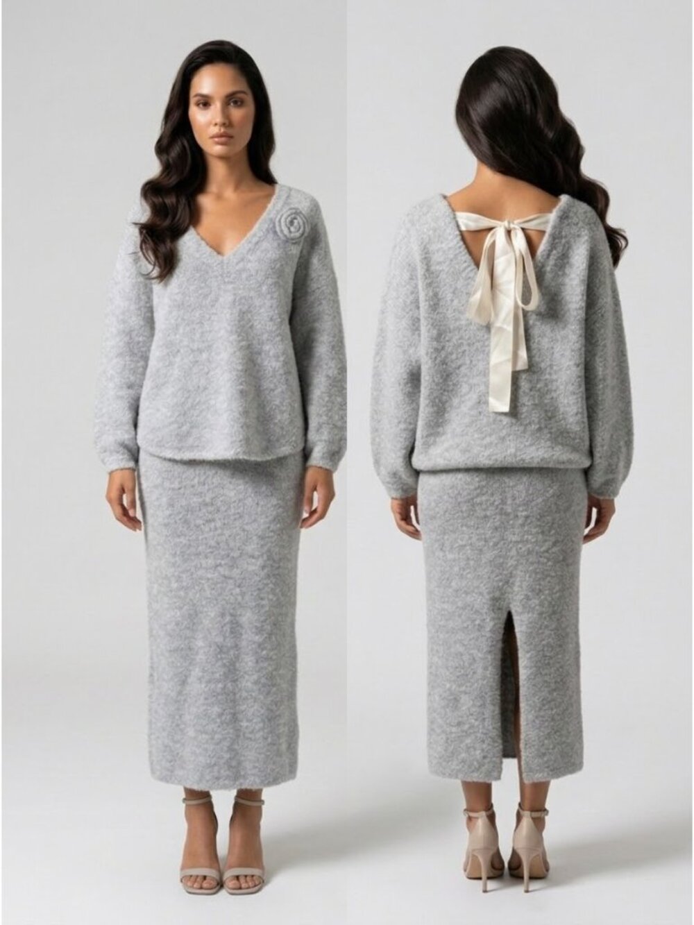 For Love And Lemons Eisley Oversized Bow Sweater & Midi Skirt Set S Chunky